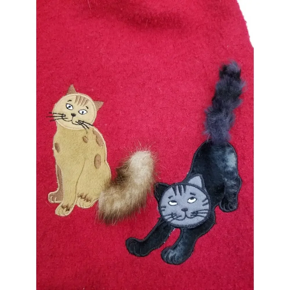 Vintage Lisa International Red Boiled Wool Cat Lady Zip Front Cardigan Medium